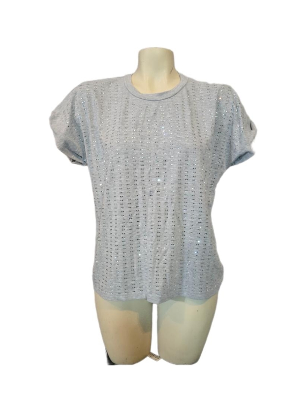 On Twelfth Rhinestone Knit Short Sleeve Top - Light Gray Size Medium